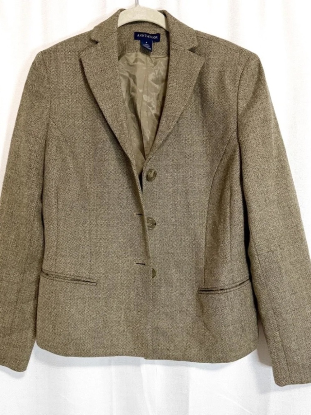 Ann Taylor 100% Wool Herringbone Blazer Size 8 Taupe Vintage